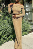 Khaki Elegant Solid Color Patchwork Backless Off Shoulder Long Sleeve Two Pieces