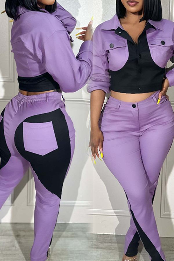 Purple Casual Pocket Buttons Patchwork Zipper Contrast Turndown Collar Long Sleeve Two Pieces