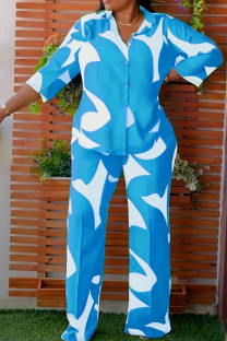 Blue Casual Print Patchwork Buckle Turndown Collar Plus Size Two Pieces