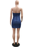 Blue Sexy Patchwork Hot Drilling Backless Strapless Wrapped Skirt Dresses