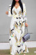 White Yellow Elegant Animal Print Flowers Letters Lace Up Contrast V Neck Printed Dresses