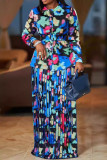 Blue Elegant Print Buckle Patchwork Ruched Turndown Collar Long Sleeve Two Pieces