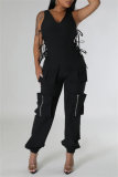 Ink Green Casual Solid Color Lace Up V Neck Regular Jumpsuits