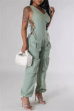Ink Green Casual Solid Color Lace Up V Neck Regular Jumpsuits