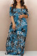 Blue Sexy Letter Print Pocket Contrast V Neck Printed Dresses