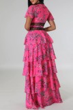Rose Red Casual Floral Print Hollow Out Patchwork Deep V Neck Long Dresses