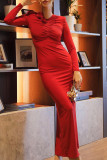 Red Elegant Solid Color Patchwork Backless High Slit Ruched V Neck Long Dresses