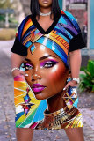 Multi-color Casual Print Basic V Neck Short Sleeve Plus Size Dresses