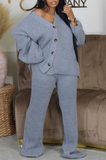 Grey Casual Solid Color Buttons V Neck Long Sleeve Two Pieces