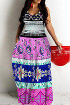 Multicolor Casual Print Backless Spaghetti Strap Long Dresses