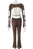 Brown Casual Solid Color Hollow Out Patchwork Backless Strap Design Spaghetti Strap Skinny Jumpsuits