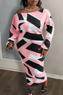Pink Casual Print Basic Oblique Collar Long Sleeve Plus Size Dresses