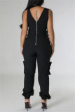 Ink Green Casual Solid Color Lace Up V Neck Regular Jumpsuits