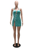 Blue Sexy Hot Solid Color Patchwork Backless Slit Halter Sleeveless Dresses