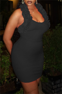 Black Sexy Solid Color Backless Halter Wrapped Skirt Dresses
