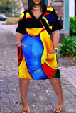 Multi-color Casual Print Basic V Neck Short Sleeve Plus Size Dresses