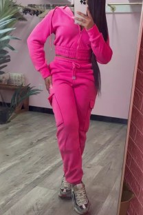 Rose Red Casual Solid Color Zipper Hooded Long Sleeve Two Pieces