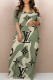 Army Green Sexy Letter Print Gradient Pocket Contrast V Neck Printed Dresses