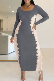 Grey Elegant Print Fringed Trim Patchwork U Neck Long Dresses