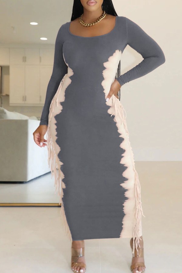 Grey Elegant Print Fringed Trim Patchwork U Neck Long Dresses