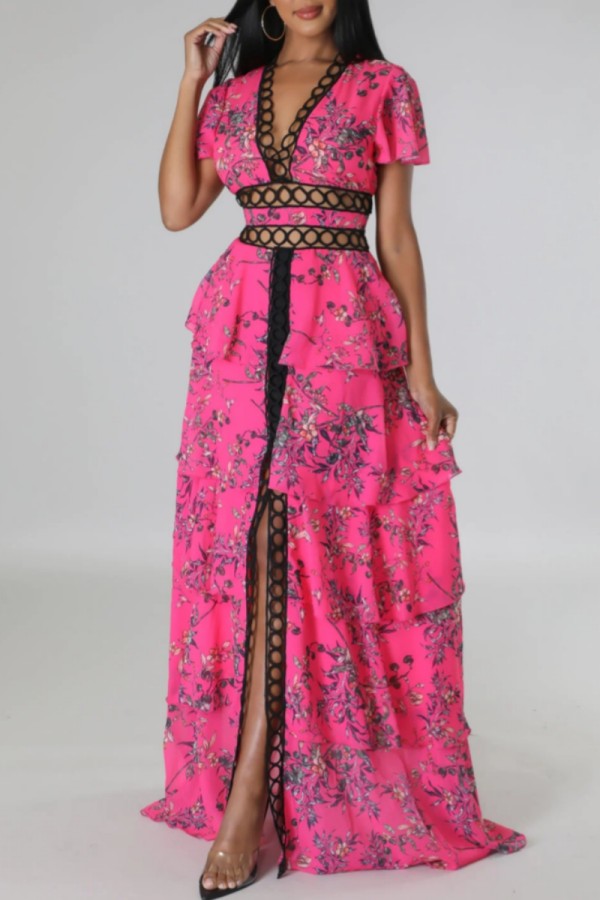 Rose Red Casual Floral Print Hollow Out Patchwork Deep V Neck Long Dresses