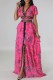 Rose Red Casual Floral Print Hollow Out Patchwork Deep V Neck Long Dresses