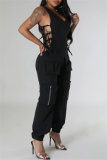 Ink Green Casual Solid Color Lace Up V Neck Regular Jumpsuits