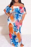Blue Purple Sexy Geometric Print Floral Print Contrast Off Shoulder Printed Plus Size Dresses
