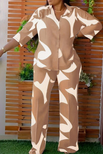 Khaki Casual Print Patchwork Buckle Turndown Collar Plus Size Two Pieces