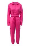 Rose Red Casual Solid Color Zipper Hooded Long Sleeve Two Pieces