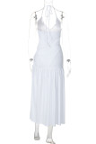 White Sexy Solid Color Backless Belted Spaghetti Strap Sleeveless Two Pieces
