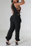 Ink Green Casual Solid Color Lace Up V Neck Regular Jumpsuits