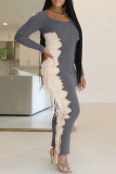 Grey Elegant Print Fringed Trim Patchwork U Neck Long Dresses