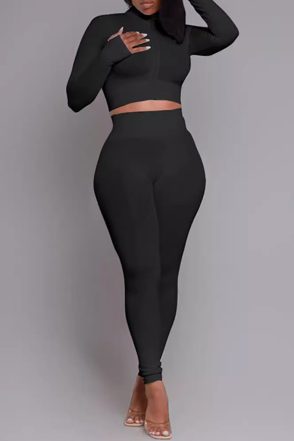 Black Casual Solid Color Patchwork Zipper Zipper Collar Long Sleeve Two Pieces