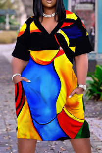 Blue Yellow Casual Print Basic V Neck Short Sleeve Plus Size Dresses