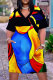 Blue Yellow Casual Print Basic V Neck Short Sleeve Plus Size Dresses