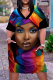 Brown Casual Print Basic V Neck Short Sleeve Plus Size Dresses
