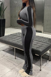 Dark Gray Casual Patchwork Contrast O Neck Long Sleeve Two Pieces
