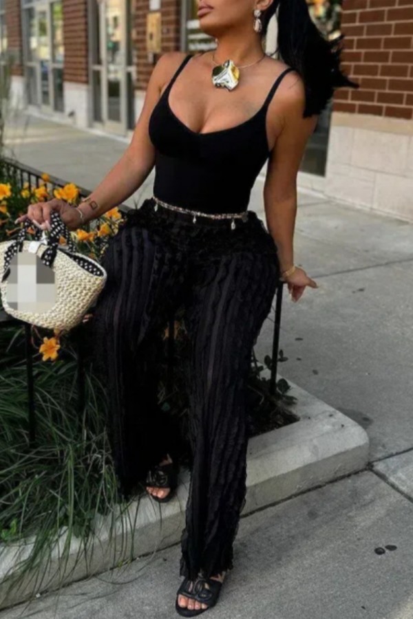 Black Sexy Casual Solid Color Backless Spaghetti Strap Sleeveless Two Pieces