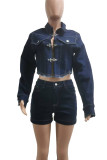 Deep Blue Street Solid Color Pocket Buttons Patchwork Zipper Turndown Collar Long Sleeve Two Pieces