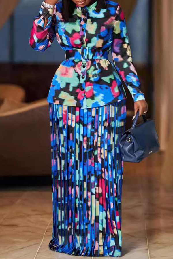Blue Elegant Print Buckle Patchwork Ruched Turndown Collar Long Sleeve Two Pieces