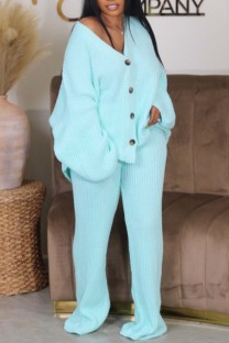 Water Blue Casual Solid Color Buttons V Neck Long Sleeve Two Pieces