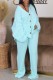 Water Blue Casual Solid Color Buttons V Neck Long Sleeve Two Pieces