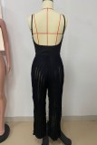 Black Sexy Casual Solid Color Backless Spaghetti Strap Sleeveless Two Pieces