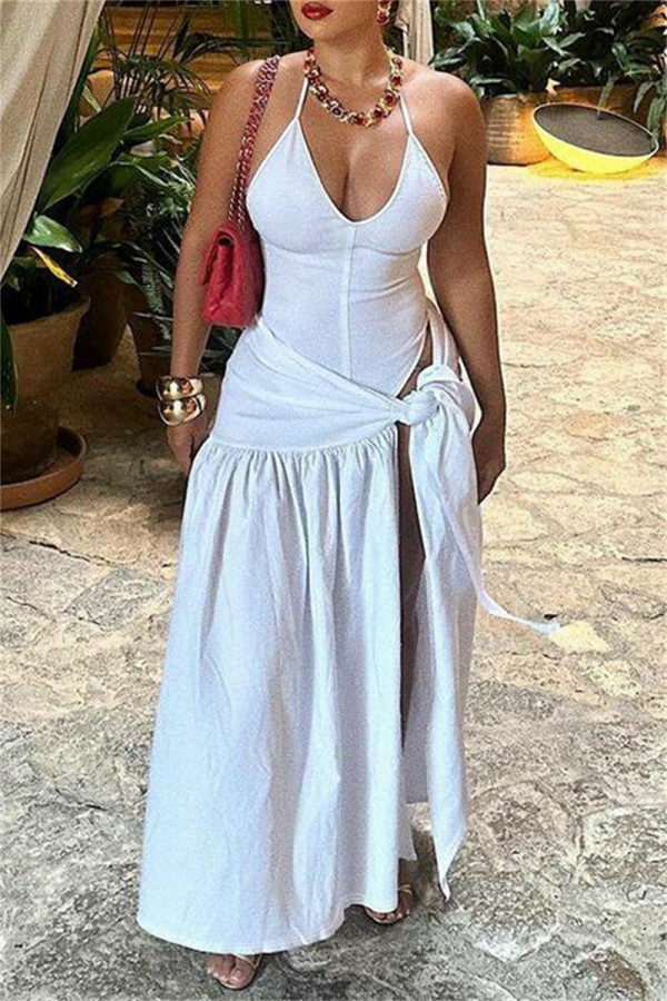 White Sexy Solid Color Backless Belted Spaghetti Strap Sleeveless Two Pieces