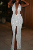 Blue Sexy Solid Color Hollow Out Patchwork Backless High Slit Deep V Neck Long Dresses