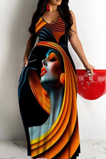 Orange Casual Figure Print Backless Spaghetti Strap Long Dresses