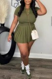 Army Green Casual Solid Color V Neck Short Sleeve Two Pieces