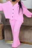 Water Blue Casual Solid Color Buttons V Neck Long Sleeve Two Pieces
