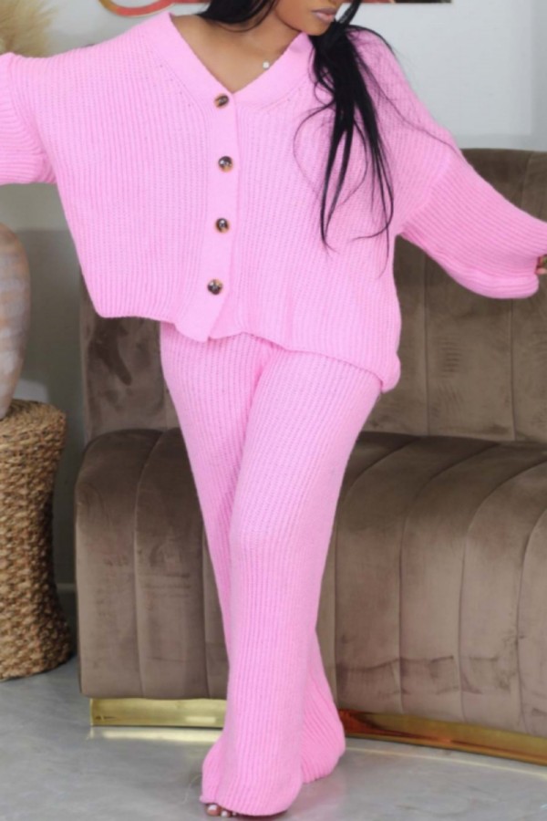 Pink Casual Solid Color Buttons V Neck Long Sleeve Two Pieces